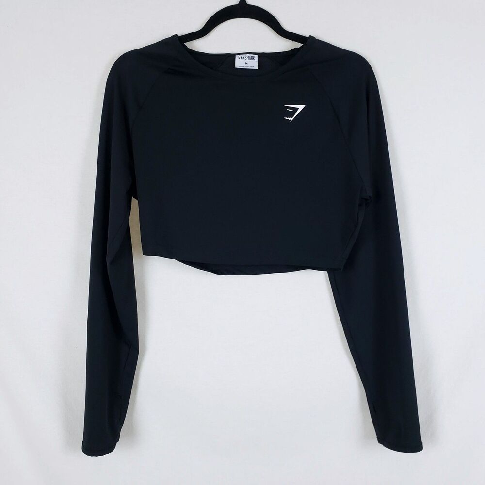 Gymshark Long Sleeve Crop Top Womens M Breathable Mesh Panel Black Gym Workout